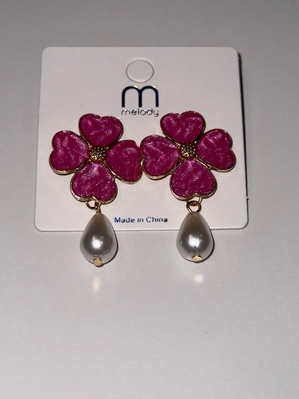 Melody Pink Floral Pearl Drop Earrings with Gold Accents